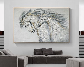 Abstract White Horses Canvas Art, Large Original Horses Oil Painting On Canvas, Modern Animal Wall Art for Living Room, Bedroom Decor