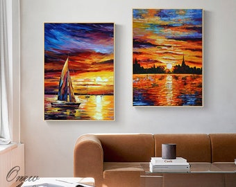 Abstract Seascape and Sunset Oil Painting on Canvas, Original Ocean and Sailboat Wall Art, Modern Coastal Landscape Painting for Living Room
