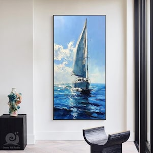 Large Abstract Sailboat Oil Painting on Canvas, Original Seascape Canvas Wall Art, Modern Nautical Wall Art for Living Room, Bedroom Decor