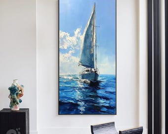 Large Abstract Sailboat Oil Painting on Canvas, Original Seascape Canvas Wall Art, Modern Nautical Wall Art for Living Room, Bedroom Decor