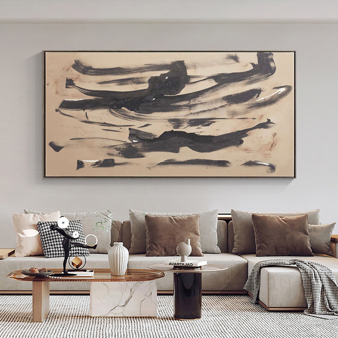 Beige and Black Abstract Oil Painting on Canvas, Original Hand-painted ...
