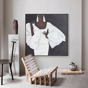 Lienzo de arte de pared con figura de mujer negra abstracta, pintura al óleo de mujer africana moderna sobre lienzo, arte de pared con figura minimalista grande para sala de estar