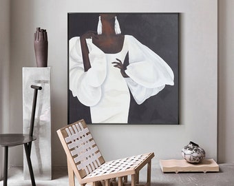 Abstract Black Woman Figure Canvas Wall Art, Modern African Woman Oil Painting on Canvas, Large Minimalist Figure Wall Art for Living Room