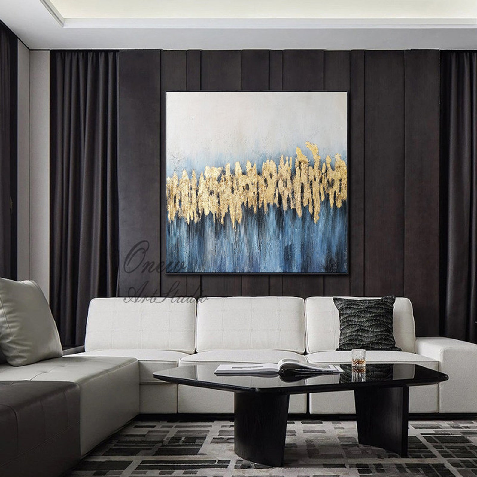 Blue and Gold Abstract Oil Painting on Canvas Large Original Etsy