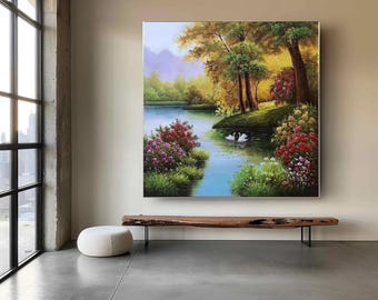 森の小川の油絵 川の風景 リネンキャンバス 16x20インチ - Etsy 日本