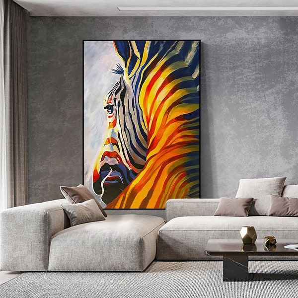 Abstract Colorful Zebra Oil Painting on Canvas, Large Original Zebra Canvas Wall Art, Hand-painted Animal Painting for Kids Room Living Room