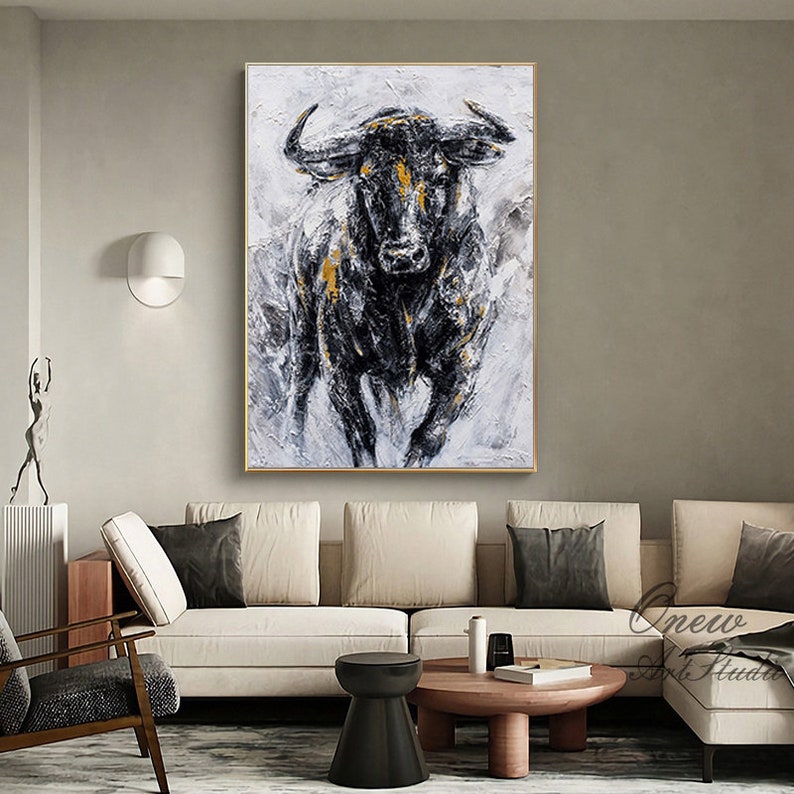 Abstract Bull Oil Painting on Canvas, Large Original Bull Canvas Wall Art, Modern Hand-painted Animal Painting for Living Room,Bedroom Decor image 6