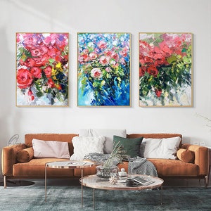 Original Hand-painted Roses Canvas Wall Art, Impressionist Flowers Oil Painting on Canvas, Large Abstract Floral Painting for Living Room