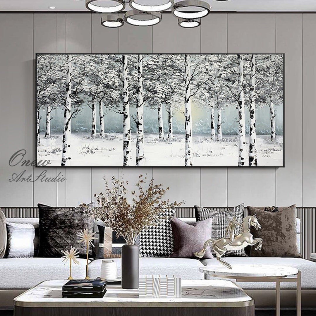 Original Birch Trees Canvas Wall Art, Abstract Snow Landscape Oil ...