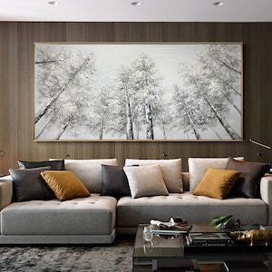 Large Abstract Birch Trees Canvas Wall Art, Original Landscape Oil Painting on Canvas, Modern Forest Wall Art for Living Room, Bedroom Décor