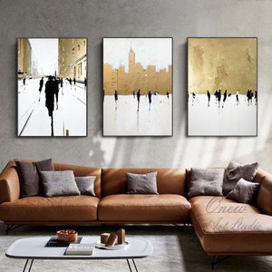 Groot abstract stadsgezicht canvas muurkunst, origineel straatlandschap olieverfschilderij op canvas, moderne minimalistische stedelijke muurkunst voor woonkamer