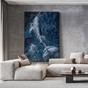 Original Whale Oil Painting on Canvas, Large Abstract Seascape Canvas Wall Art, Modern Animal Wall Art for Living Room, Bedroom Decor