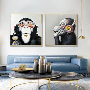 Abstract Monkey Oil Painting On Canvas, Large Original Monkey Canvas Wall Art, Banksy Gorilla Modern Wall Art for Living Room, Bedroom Décor