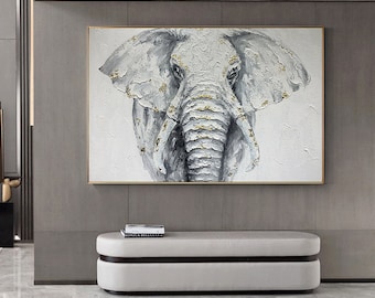 Large Abstract Elephant Oil Painting on Canvas, Original White Elephant Canvas Wall Art, Modern Minimalist Animal Painting for Living Room