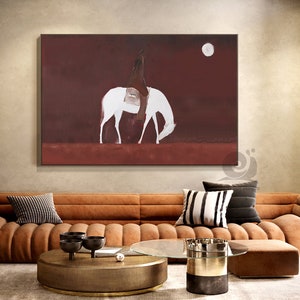 Abstract Horse Riding Oil Painting on Canvas, Original White Horse at Moonlit Night Canvas Wall Art, Modern Cowboy Wall Art for Living Room