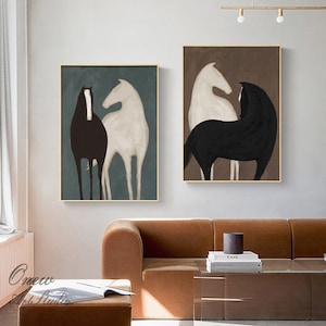 Pintura a óleo abstrata de cavalo preto e branco sobre tela, arte de parede em tela de cavalos originais grandes, arte de parede de animais moderna para sala de estar e quarto