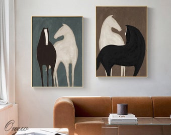 Abstract Black and White Horse Oil Painting on Canvas, Large Original Horses Canvas Wall Art, Modern Animal Wall Art for Living Room Bedroom