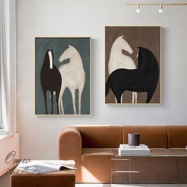 Abstract Black and White Horse Oil Painting on Canvas, Large Original Horses Canvas Wall Art, Modern Animal Wall Art for Living Room Bedroom