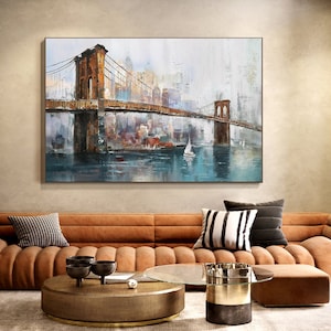 Grande arte murale originale su tela del ponte di Brooklyn, pittura a olio astratta del paesaggio urbano di New York su tela, pittura moderna di Manhattan per soggiorno