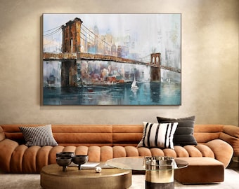Grande arte murale originale su tela del ponte di Brooklyn, pittura a olio astratta del paesaggio urbano di New York su tela, pittura moderna di Manhattan per soggiorno