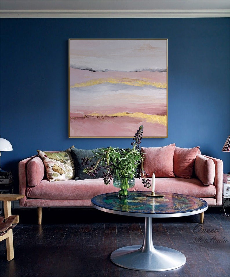 Pink and Gold Abstract Painting Minimalist Canvas Wall Art Etsy