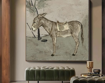 Peinture abstraite d'âne à l'huile sur toile, œuvre d'art murale originale peinte à la main, tableau animalier moderne pour salon, décoration intérieure
