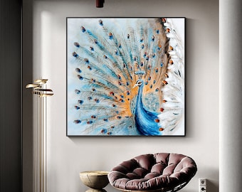 Origineel handgeschilderd pauwolieverfschilderij op canvas, grote abstracte pauw canvas muurkunst, moderne dierlijke muurkunst voor woonkamer slaapkamer