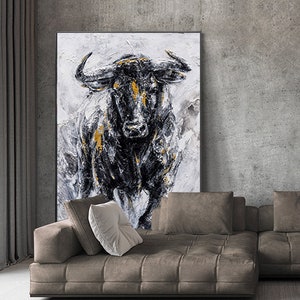 Abstract Bull Oil Painting on Canvas, Large Original Bull Canvas Wall Art, Modern Hand-painted Animal Painting for Living Room,Bedroom Decor image 3