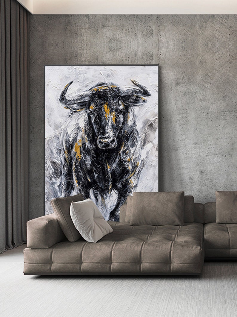 Abstract Bull Oil Painting on Canvas, Large Original Bull Canvas Wall Art, Modern Hand-painted Animal Painting for Living Room,Bedroom Decor image 3