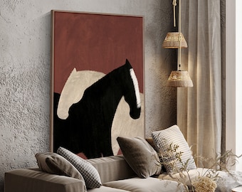 Abstract Black and White Horses Oil Painting on Canvas, Large Original Horse Canvas Wall Art, Modern Animal Wall Art for Living Room Bedroom