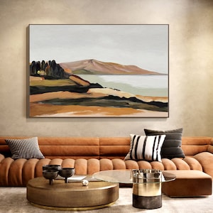 Large Abstract Landscape Oil Painting on Canvas, Hand-painted Mountain and Lake Canvas Wall Art,Modern Minimalist Nature Art for Living Room
