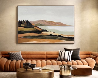 Grande dipinto a olio su tela di paesaggio astratto, tela dipinta a mano con montagne e laghi, arte moderna minimalista della natura per il soggiorno
