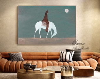 Dipinto a olio astratto su tela raffigurante un cavallo bianco al chiaro di luna, dipinto su tela originale raffigurante un cavallo bianco al chiaro di luna, dipinto astratto da cowboy per soggiorno