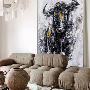 Abstract Bull Oil Painting on Canvas, Large Original Bull Canvas Wall Art, Modern Hand-painted Animal Painting for Living Room,Bedroom Decor image 2