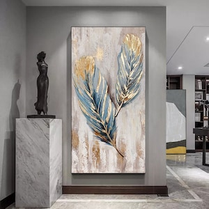 Origineel dier veren olieverfschilderij op canvas, abstracte blauwe en gouden veren canvas muurkunst, moderne minimalistische muurkunst voor woonkamer
