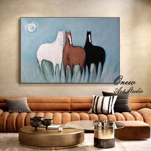 Large Abstract Horses Oil Painting on Canvas, Original Hand-painted Horse Canvas Wall Art, Modern Animal Painting for Living Room,Home Décor
