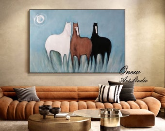 May include: Abstract painting of three horses in a field. The horses are white, brown, and black. The background is a light blue with a white circle in the top left corner.
