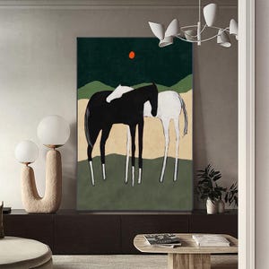 Abstract Black and White Horses Oil Painting on Canvas, Large Original Horse Canvas Wall Art, Modern Animal Painting for Living Room Bedroom