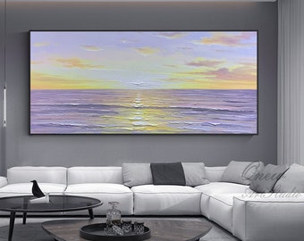 Abstract zeegezicht olieverfschilderij op canvas, originele zee met zonsopgang canvas muurkunst, moderne getextureerde oceaan muurkunst voor woonkamer slaapkamer