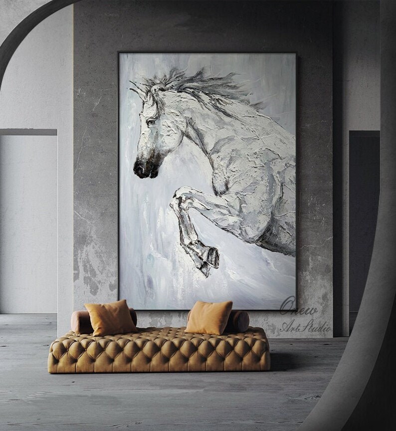 Original White Horse Canvas Wall Art Large Abstract Horse Oil Etsy