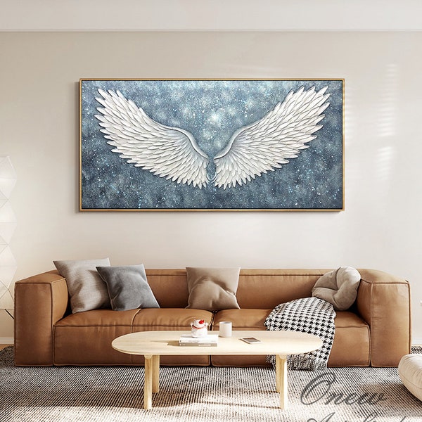 Original Angel Wing Oil Painting on Canvas, Large Abstract Feather Wings Canvas Wall Art, Modern Minimalist Artwork for Living Room Bedroom