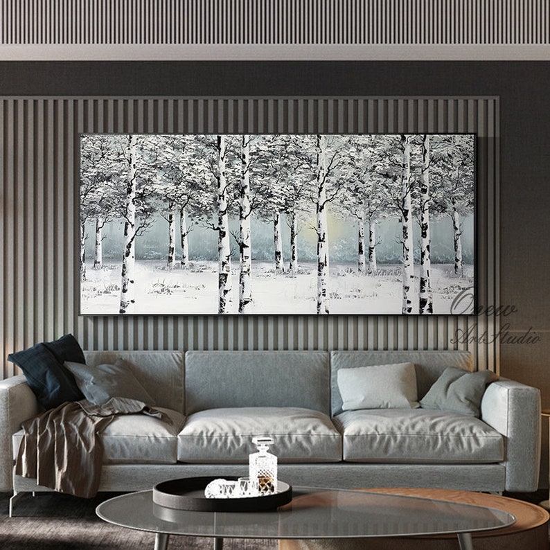 Original Birch Trees Canvas Wall Art, Abstract Snow Landscape Oil ...