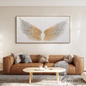 Abstract Angel Wing Oil Painting on Canvas, Original Grey and Gold Feather Canvas Wall Art, Modern Textured Wings Wall Art for Living Room