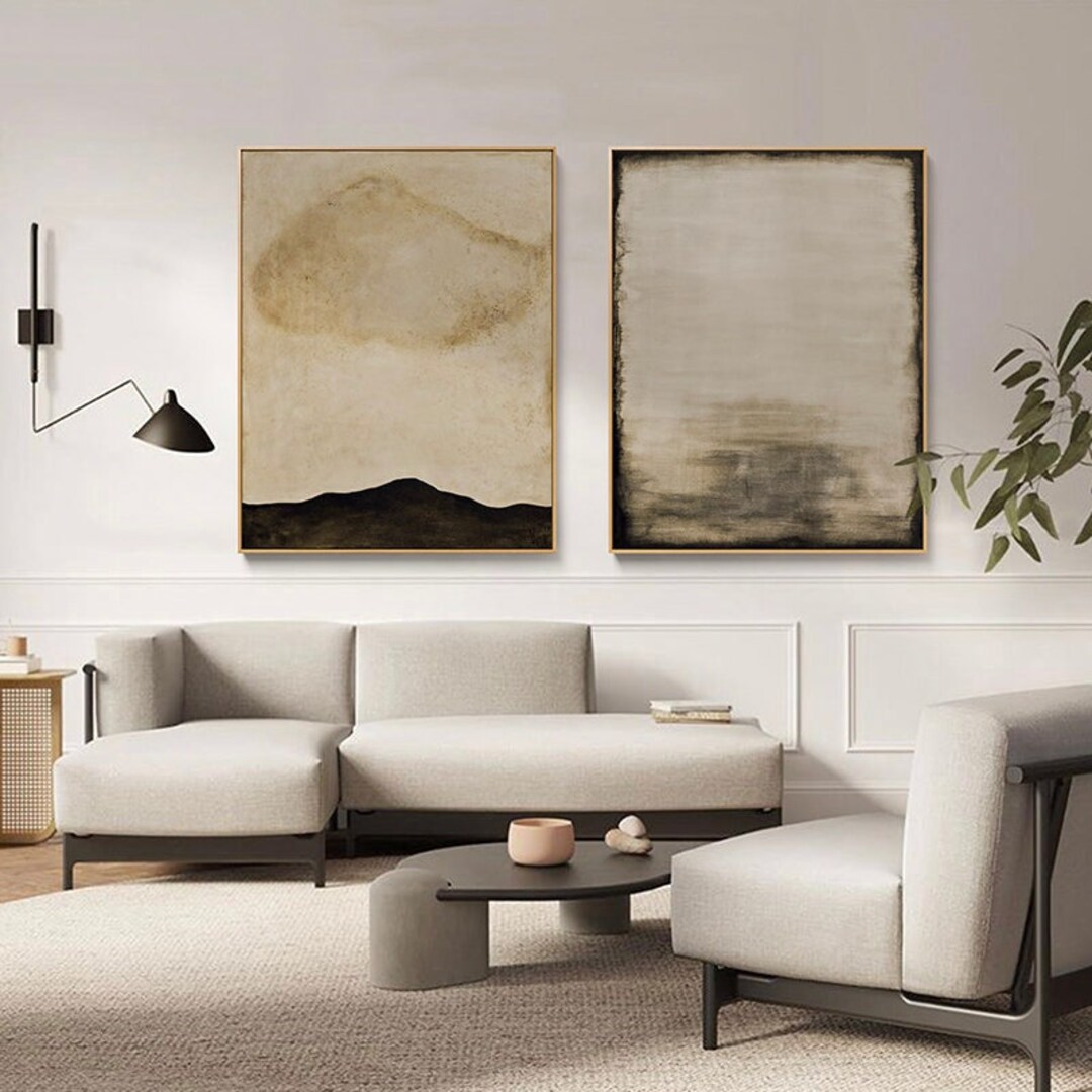 Beige and Black Abstract Oil Painting on Canvas, Large Original Hand ...