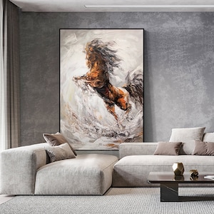 Gran pintura al óleo abstracta de caballo sobre lienzo, arte de pared original de caballo, pintura de animales con textura moderna para sala de estar, decoración de dormitorio
