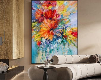 Large Abstract Flower Oil Painting on Canvas, Original flower Canvas Wall Art, Modern Textured Floral Wall Art for Living Room, Home Décor