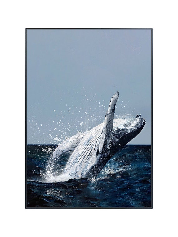 油彩画 ザトウクジラ キャンバスに描かれたオリジナルのザトウクジラの油絵、大きな
