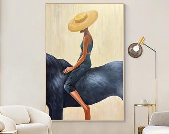 Impressionist Lady and Horse Oil Painting on Canvas, Abstract Horse Riding Canvas Wall Art, Modern Woman Painting for Living Room,Home Décor
