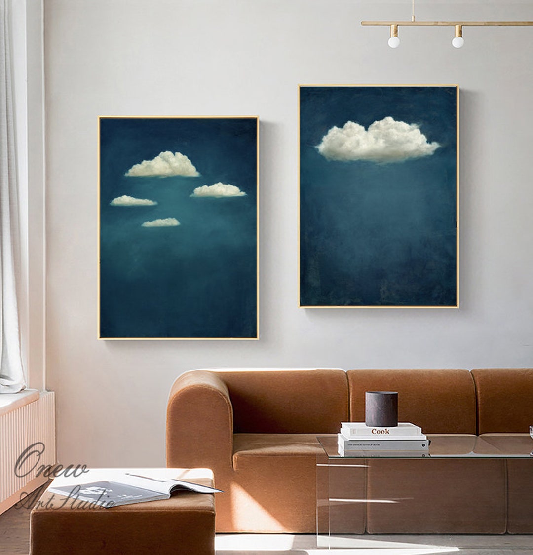 Abstract Cloud and Night Sky Oil Painting on Canvas, Original Blue and ...