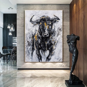 Abstract Bull Oil Painting on Canvas, Large Original Bull Canvas Wall Art, Modern Hand-painted Animal Painting for Living Room,Bedroom Decor